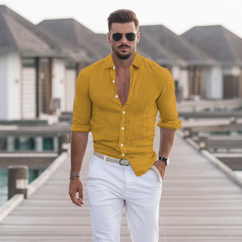 Męska Koszula Lniana z Długim Rękawem – Elegancka Koszula Casual na Lato