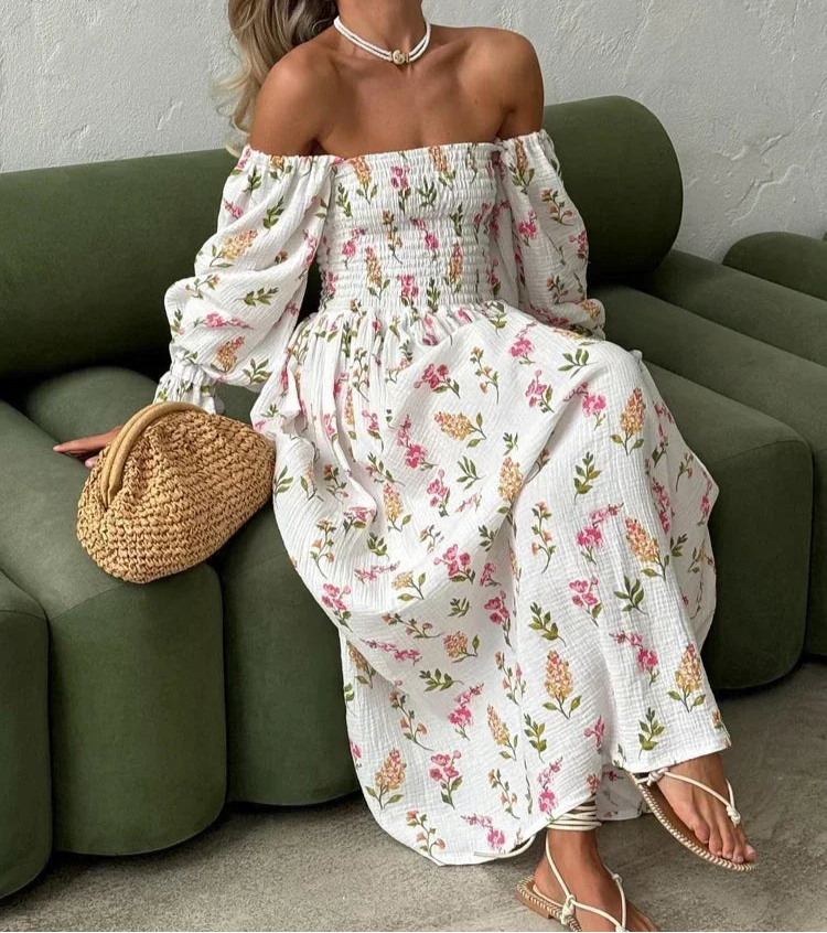 Letnia sukienka muślinowa hiszpanka midi w kwiaty – z bufiastymi rękawami i marszczeniem