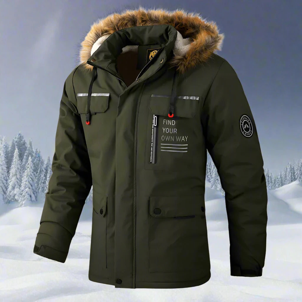 Męska kurtka zimowa z futrzanym kapturem i nadrukiem