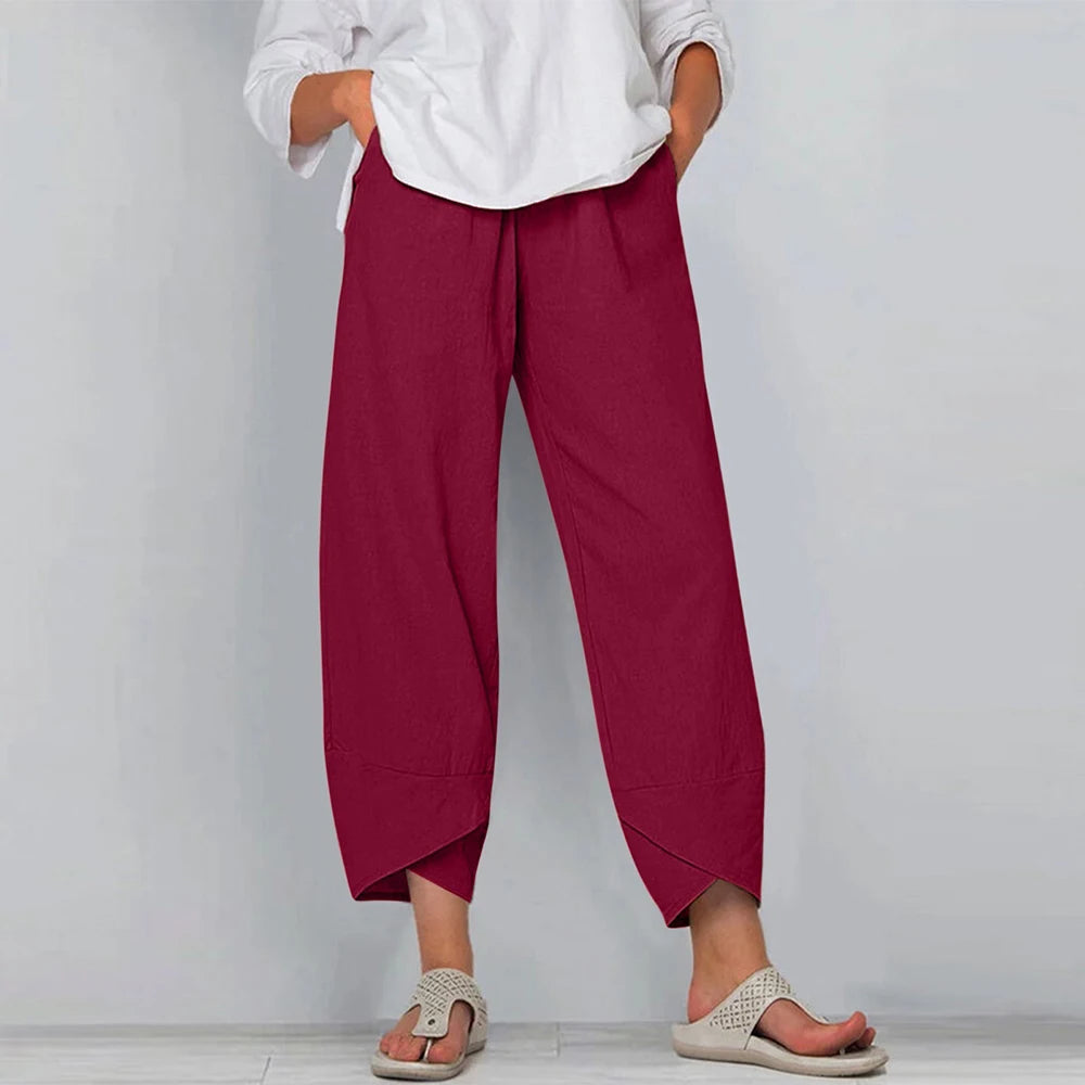 Damskie lniane spodnie typu culotte w kolorze beżowym