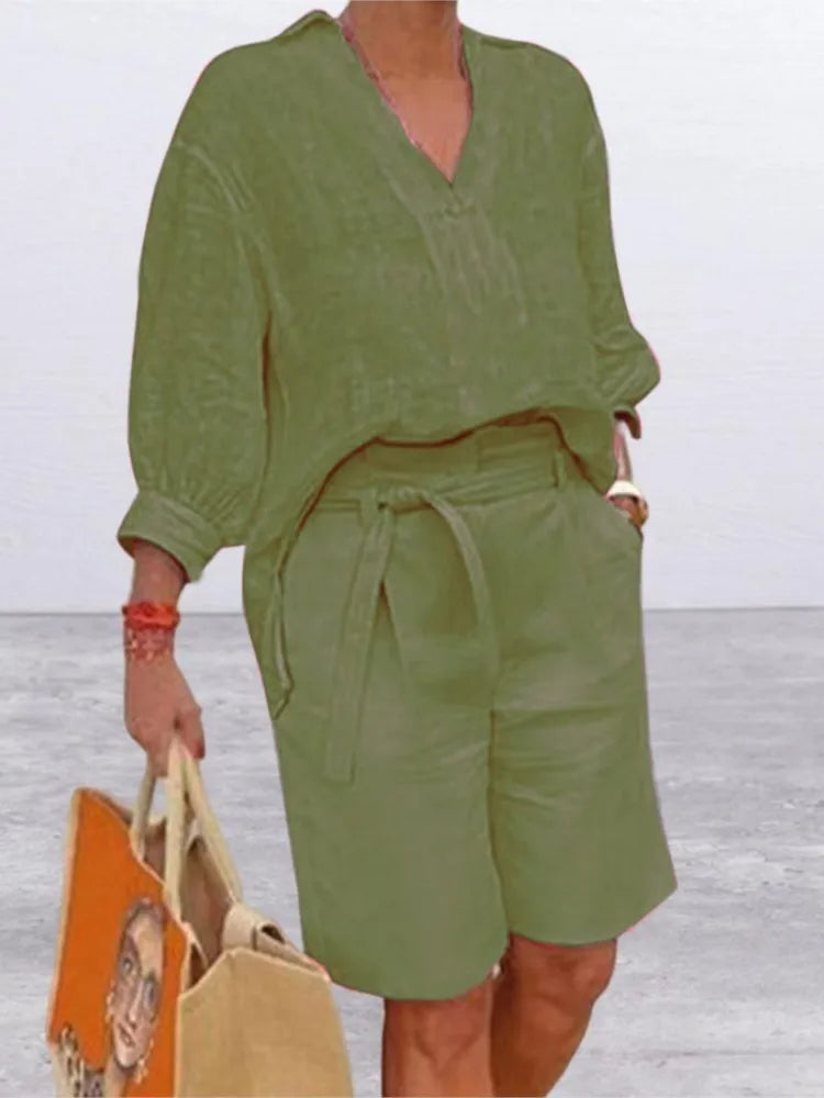 Lniany Komplet Damski z Koszulą i Szortami