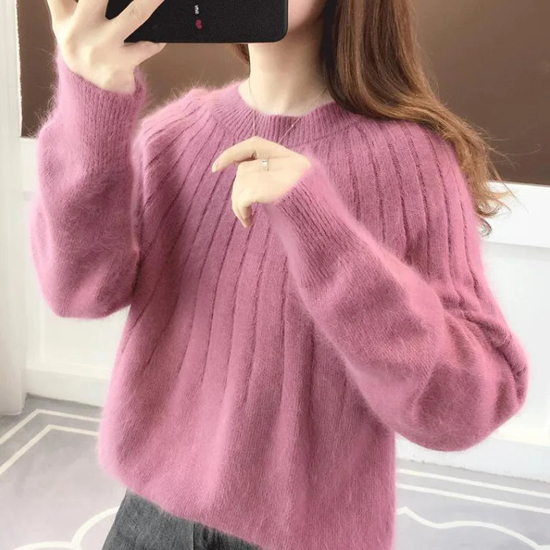 Damski sweter kaszmirowy miękki oversize elegancki pulower prążkowany