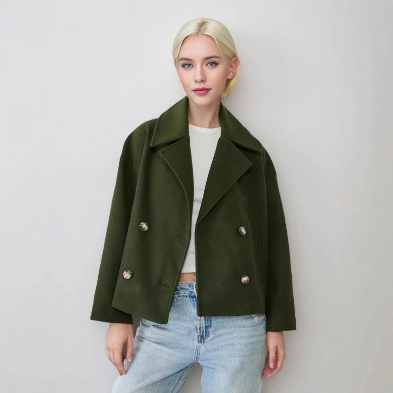 Damski krótki płaszcz dwurzędowy, oversize, styl miejski i elegancki
