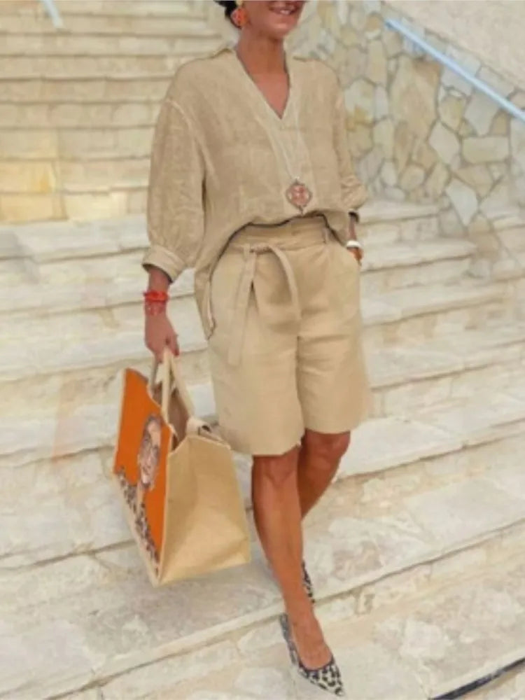 Lniany Komplet Damski z Koszulą i Szortami