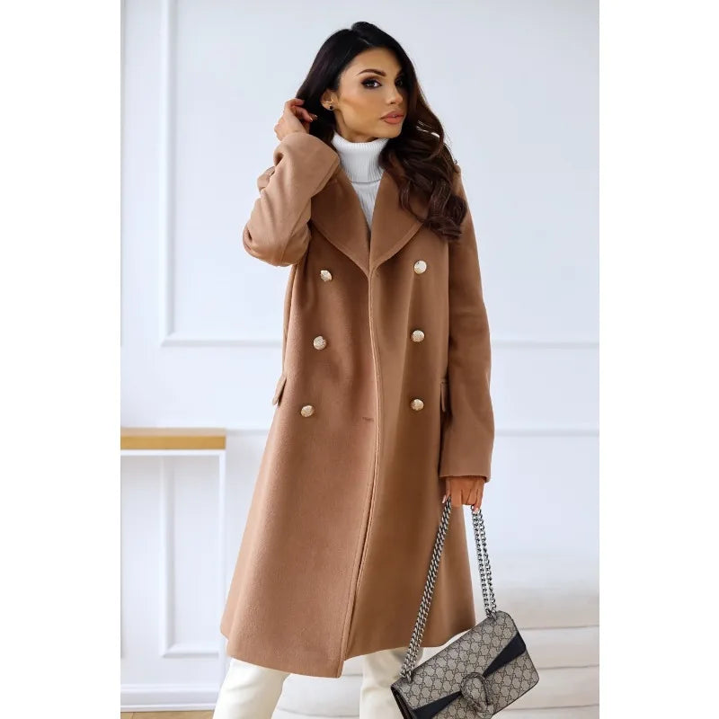 Elegancki płaszcz damski dwurzędowy z guzikami – klasyczny fason na jesień i zimę