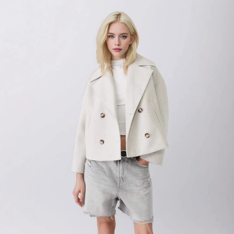 Damski krótki płaszcz dwurzędowy, oversize, styl miejski i elegancki