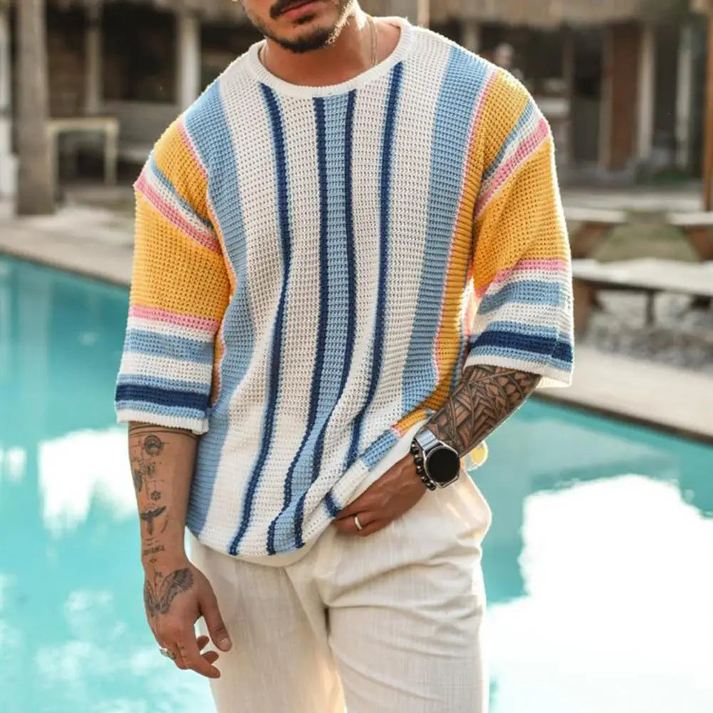 Męski Dzianinowy T-shirt Boho z Kolorowymi Paskami
