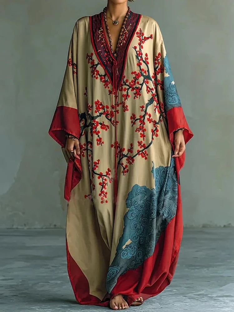 Długa Sukienka Kimono z Kwiatowym Wzorem i Kieszeniami