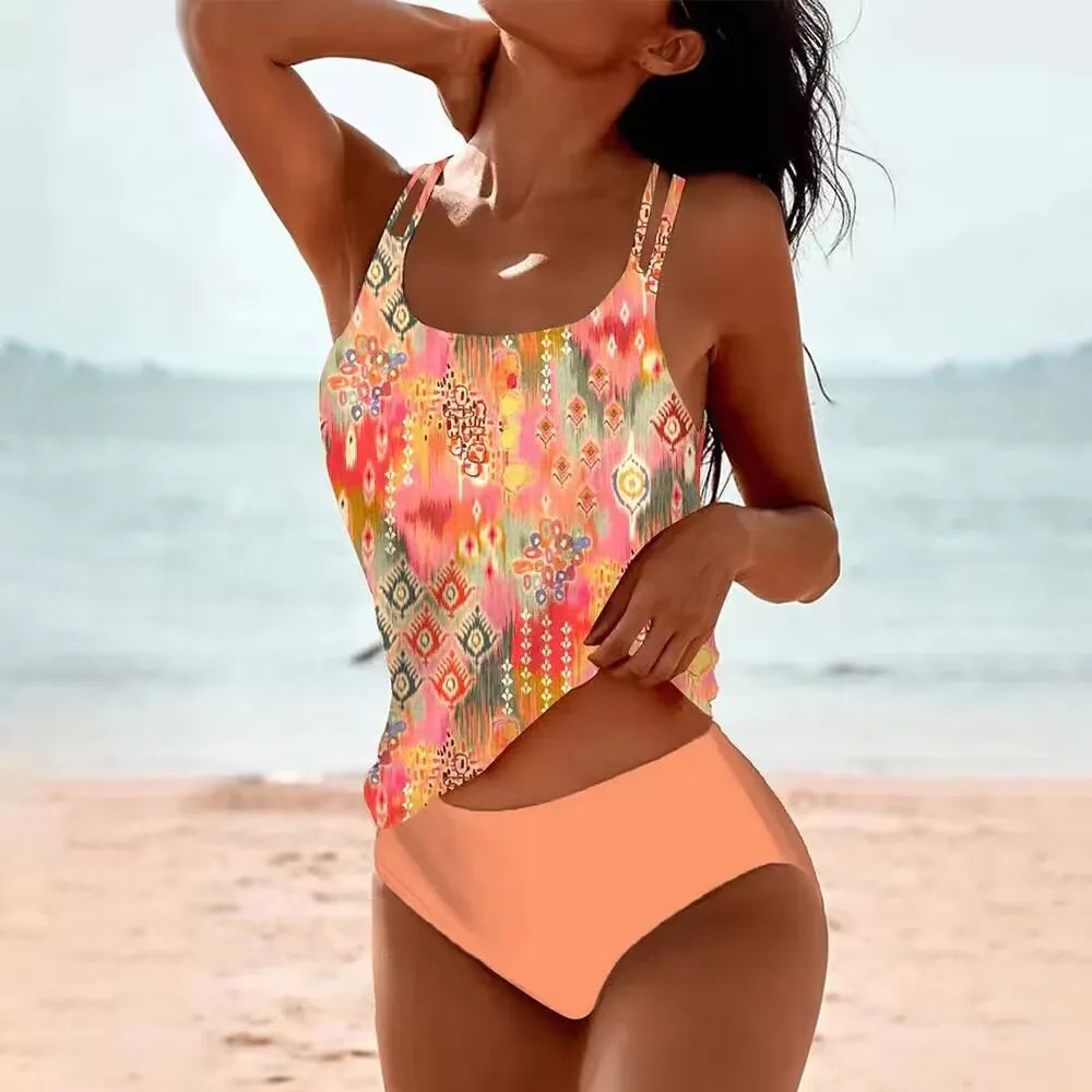 Asymetryczny kostium kąpielowy tankini – Wzór boho |