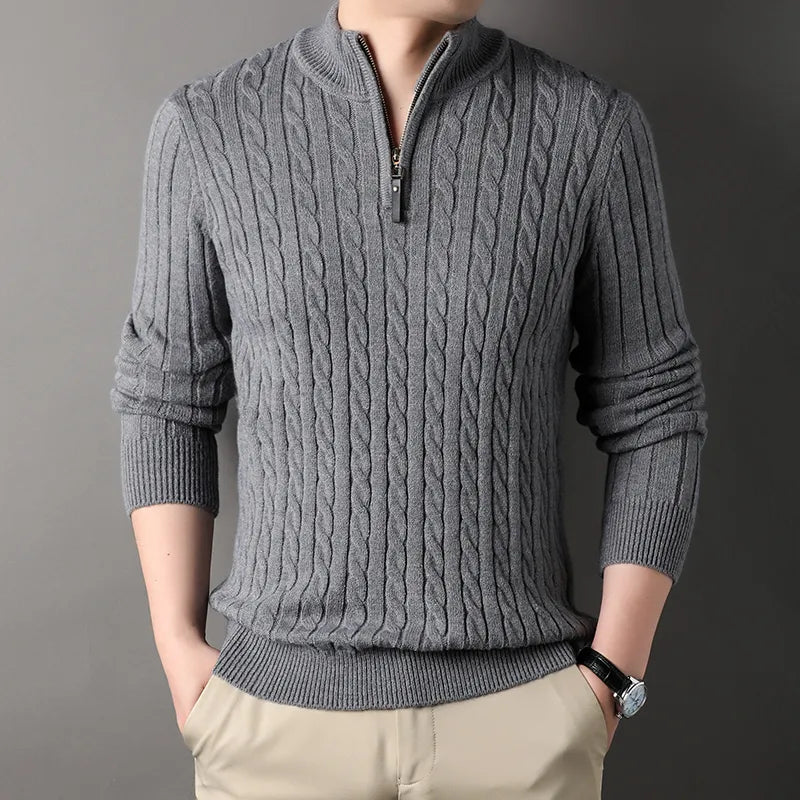 Elegancki Sweter Męski z Zamkiem i Warkoczowym Wzorem
