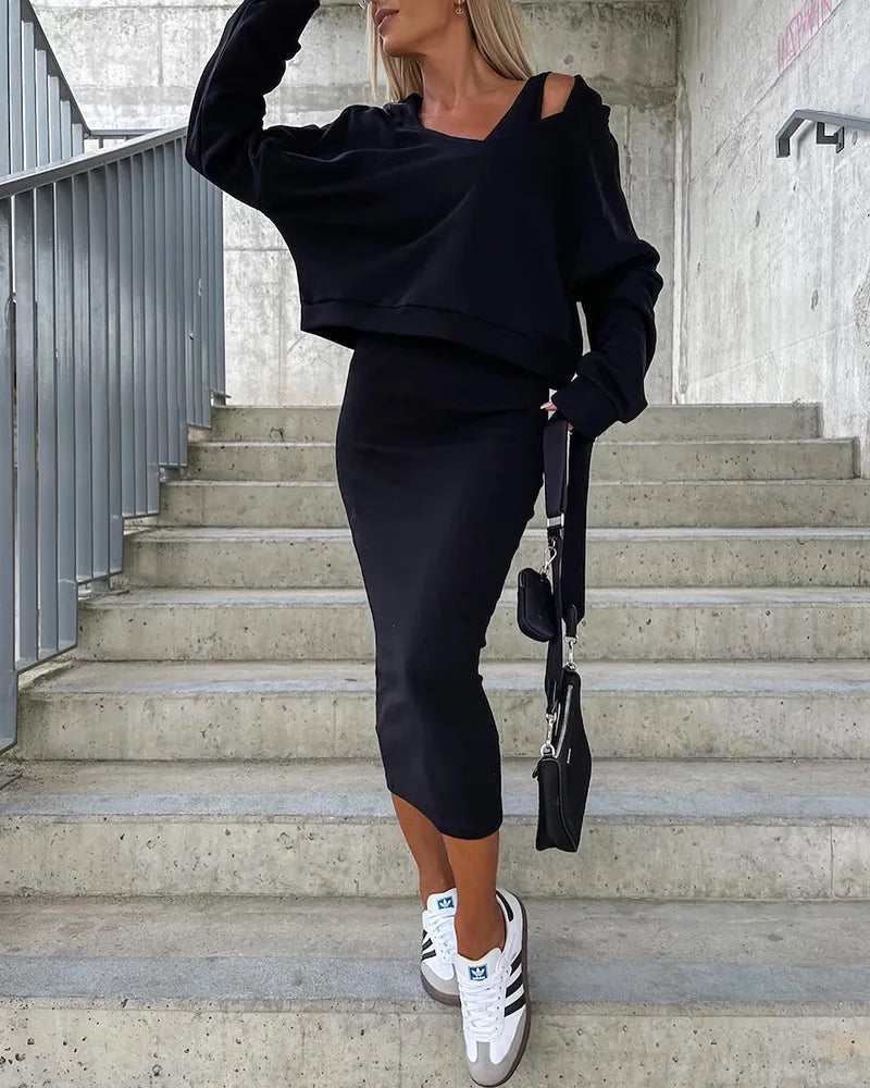 Damski komplet sportowy: bluza oversize i spódnica midi