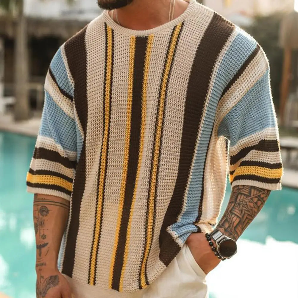 Męski Dzianinowy T-shirt Boho z Kolorowymi Paskami