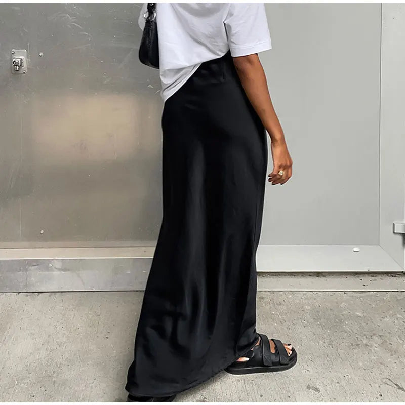 Damska jedwabna spódnica maxi z wysokim stanem