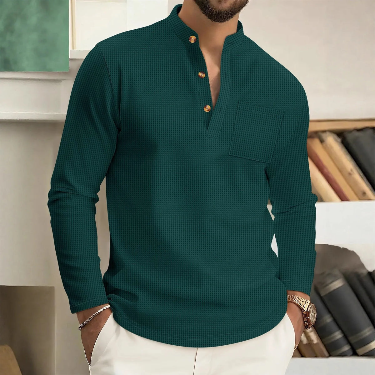 Męska Koszulka Henley z Długim Rękawem