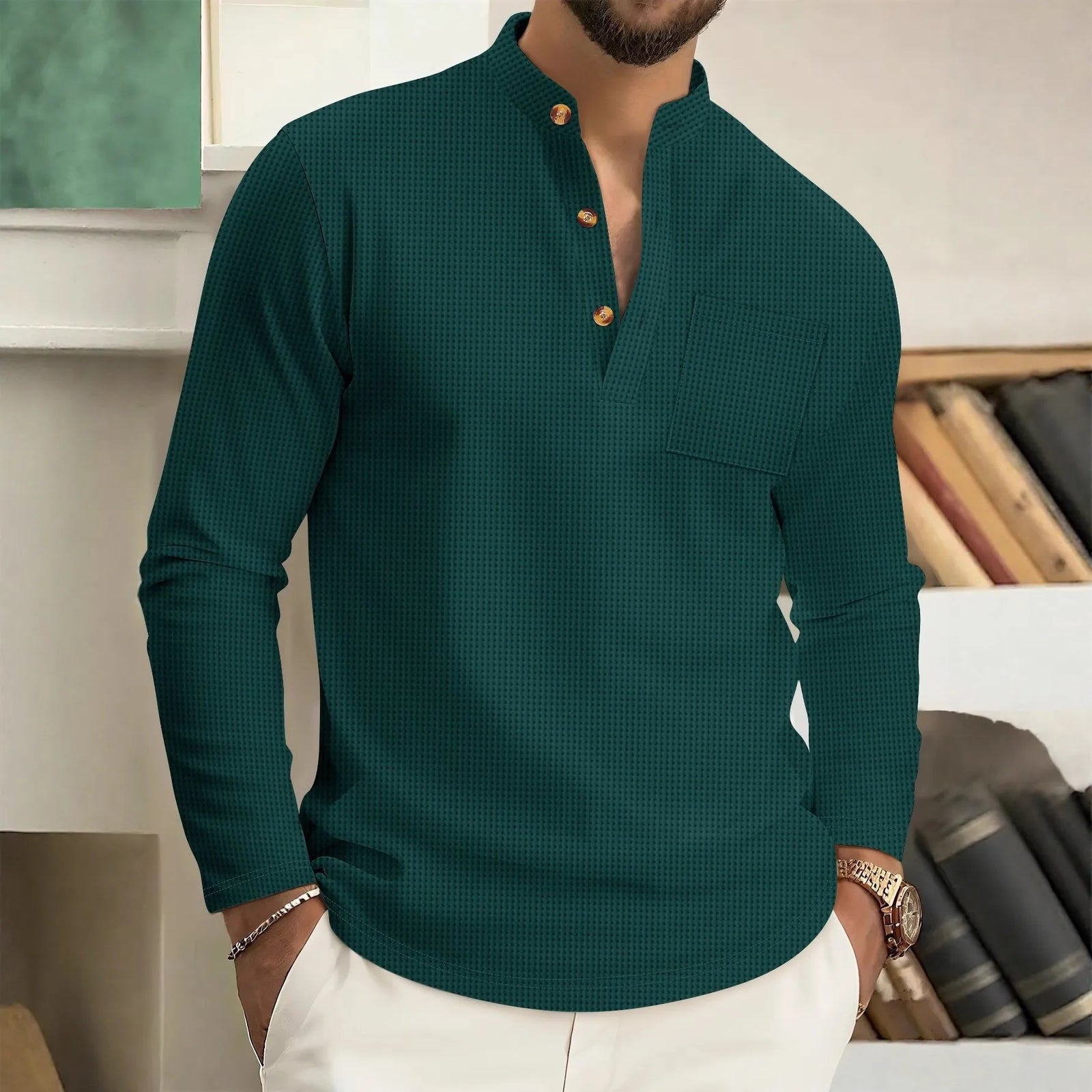 Męska Koszulka Henley z Długim Rękawem