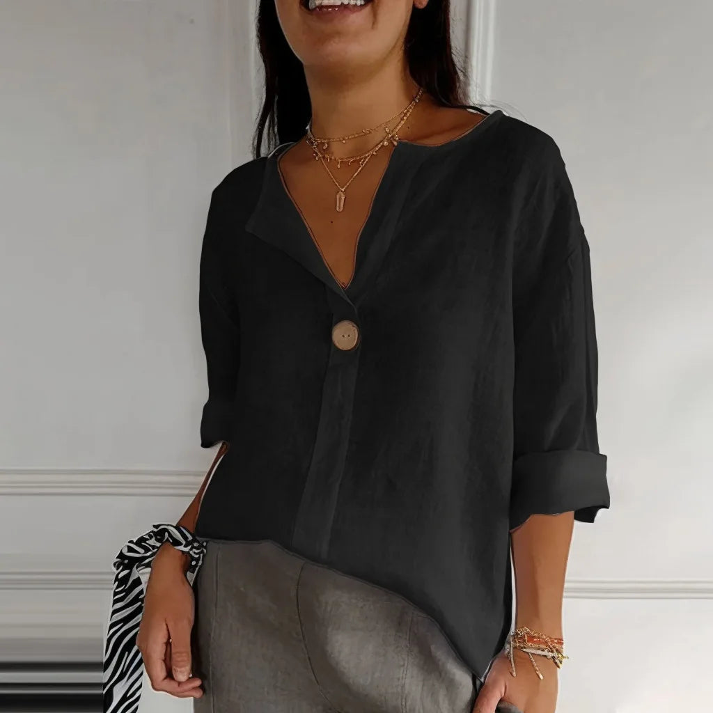 Damska lniana koszula boho z długim rękawem i guzikiem