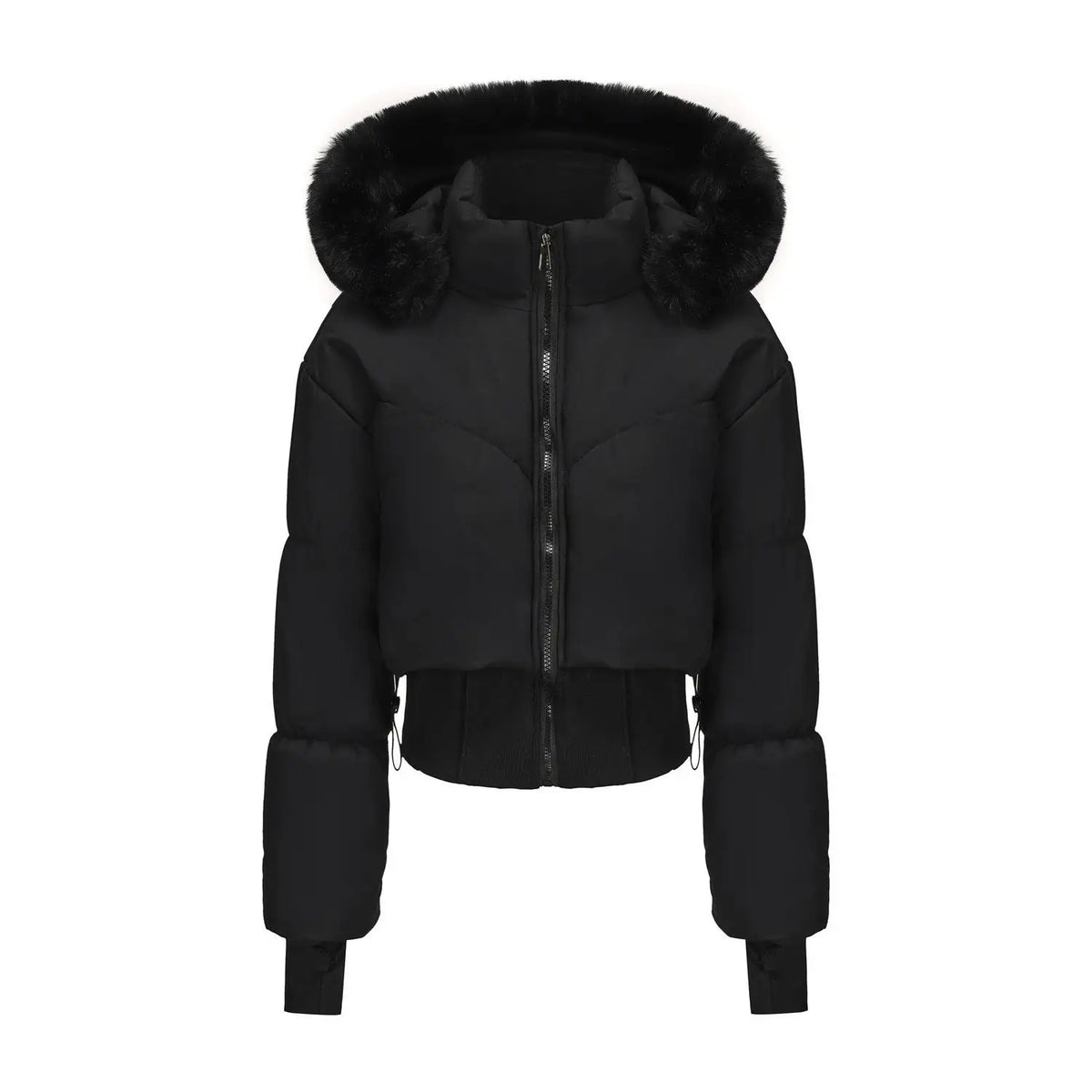 Damska krótka kurtka zimowa z kapturem i futerkiem – ocieplana puchówka z zamkiem