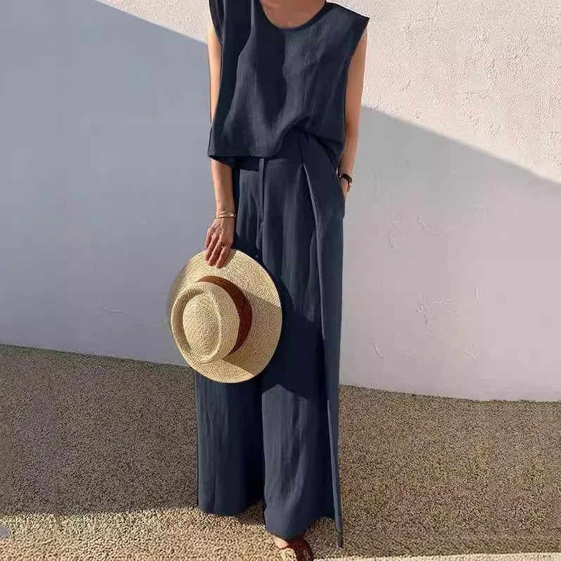 Lniany komplet damski z szerokimi spodniami i topem bez rękawów