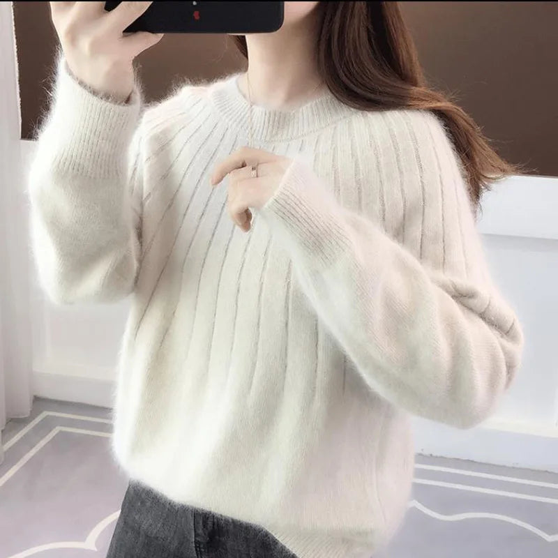 Damski sweter kaszmirowy miękki oversize elegancki pulower prążkowany