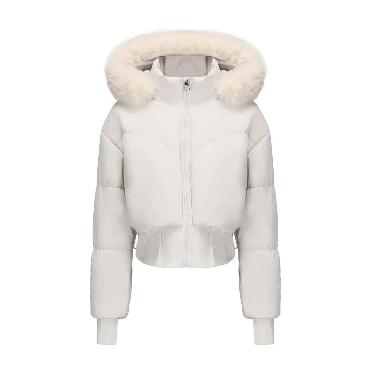 Damska krótka kurtka zimowa z kapturem i futerkiem – ocieplana puchówka z zamkiem