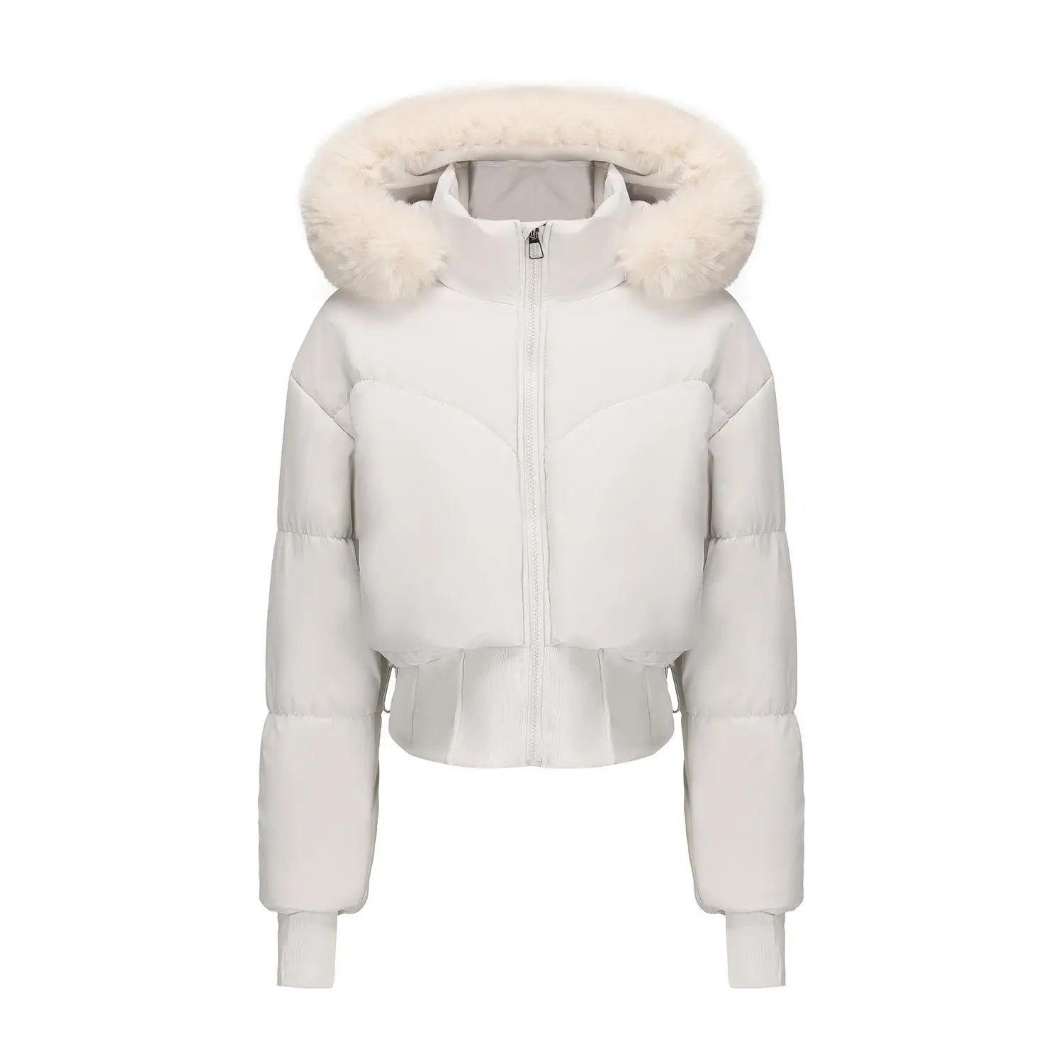 Damska krótka kurtka zimowa z kapturem i futerkiem – ocieplana puchówka z zamkiem
