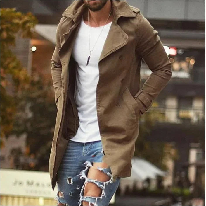 Męski płaszcz trencz z kołnierzem, lekki, styl casual-elegancki