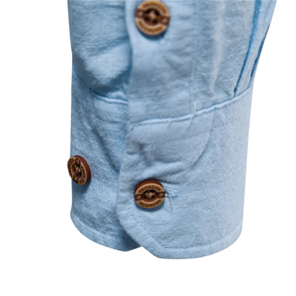 Męska koszula z długim rękawem i stójką – casualowy krój bez kołnierzyka