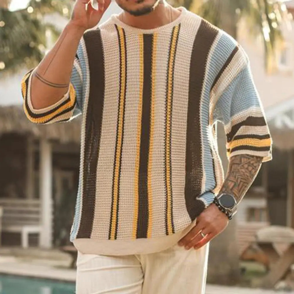 Męski Dzianinowy T-shirt Boho z Kolorowymi Paskami