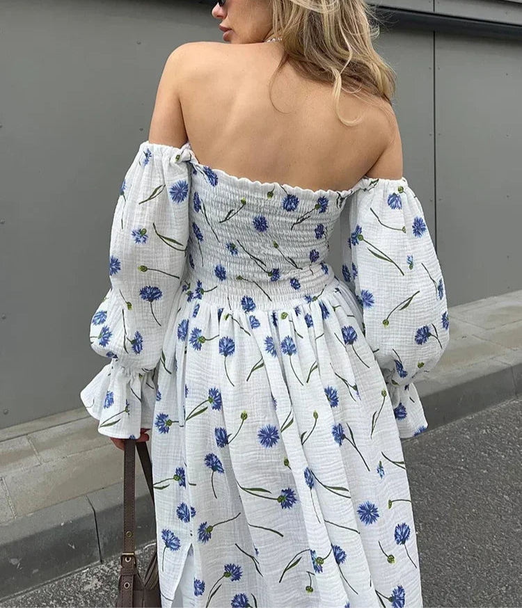 Letnia sukienka muślinowa hiszpanka midi w kwiaty – z bufiastymi rękawami i marszczeniem