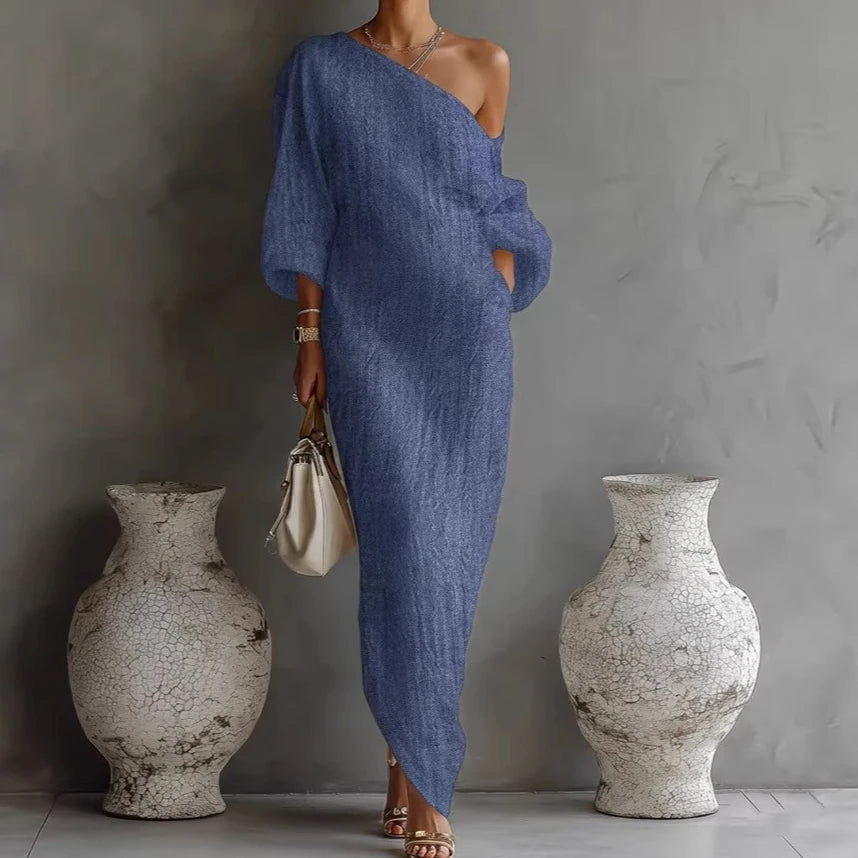 Długa Sukienka Maxi One Shoulder z Luźnym Fasonem