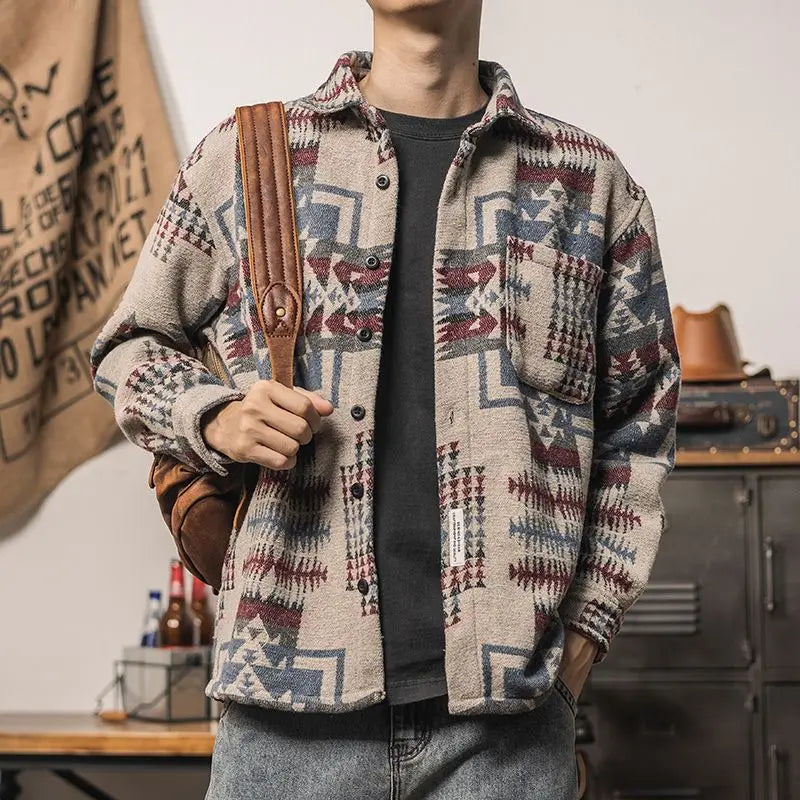 Męska koszula flanelowa z etnicznym wzorem – gruba koszula overshirt na jesień i zimę
