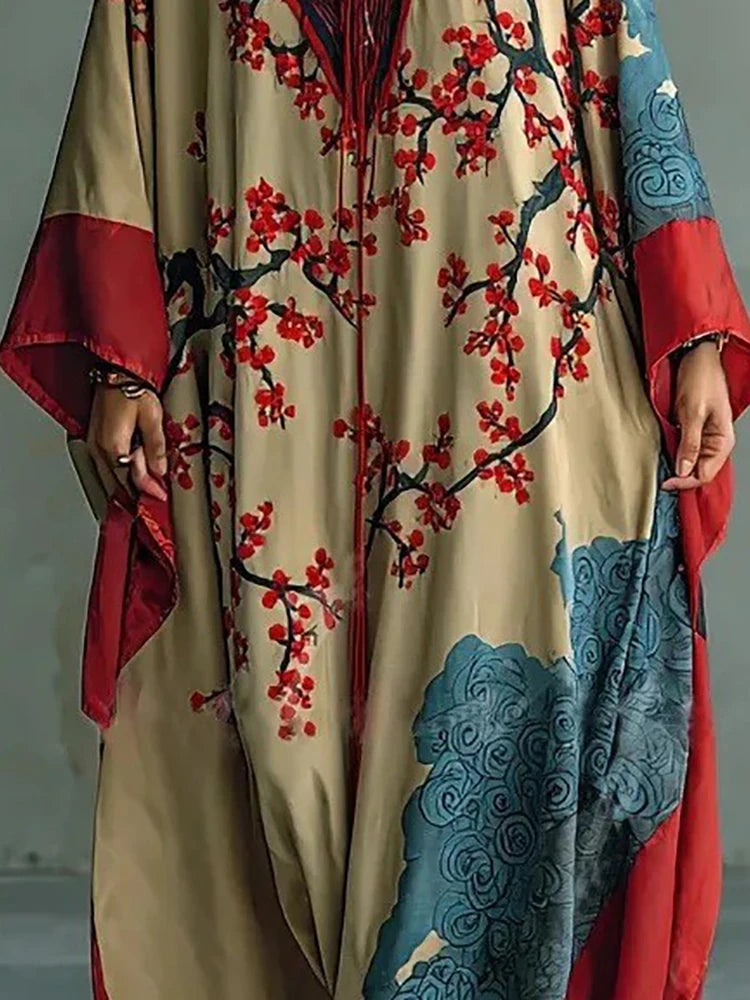 Długa Sukienka Kimono z Kwiatowym Wzorem i Kieszeniami