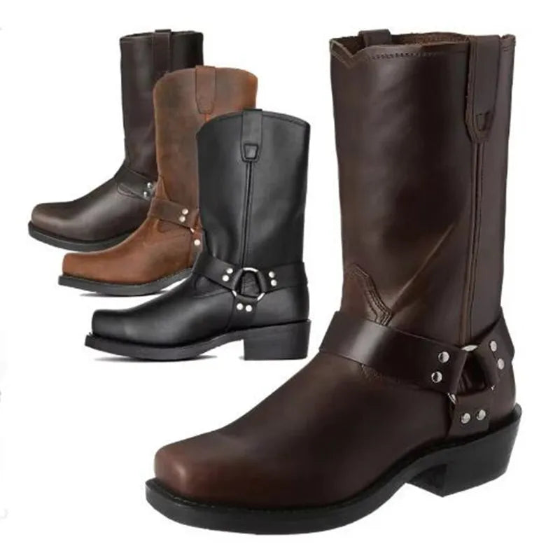 Męskie botki kowbojki z paskiem i nitami, klasyczny styl western