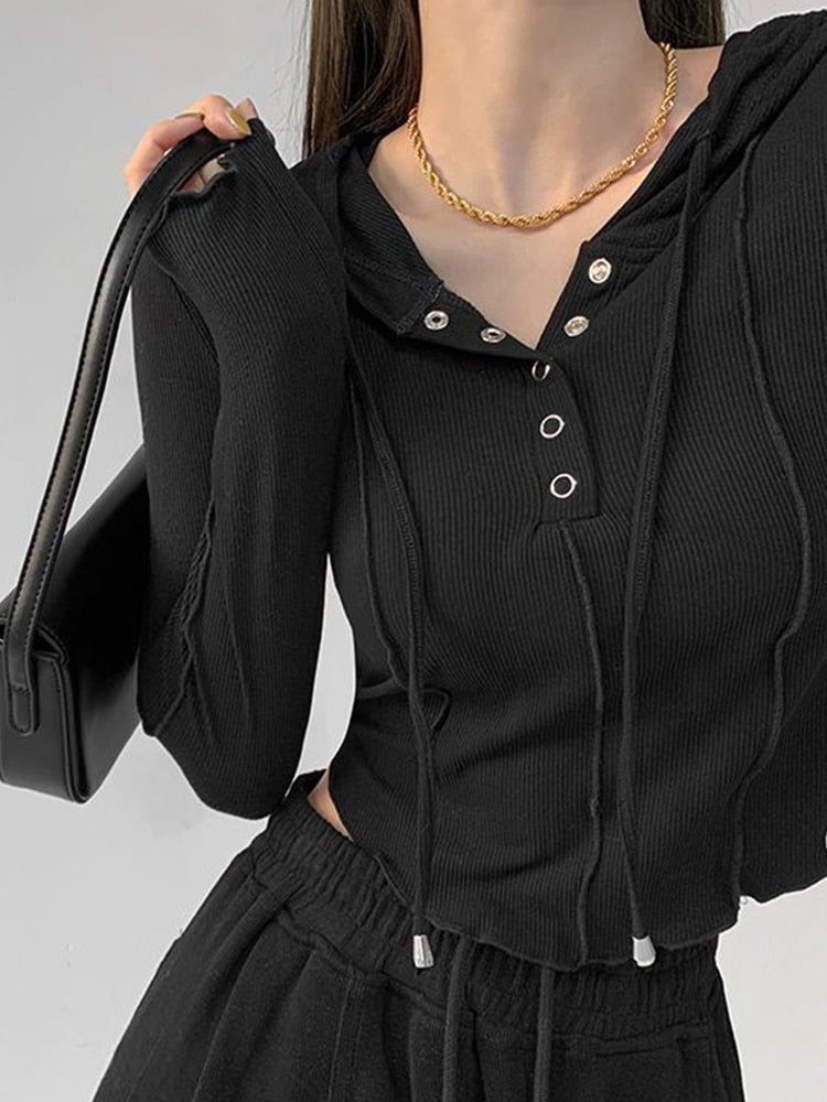 Damska Bluza Crop z Kapturem i Guzikami