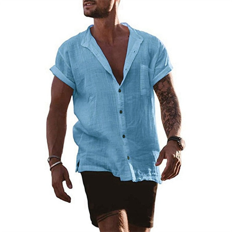 Męska Koszula Lniana z Krótkim Rękawem i Kołnierzykiem V-Neck
