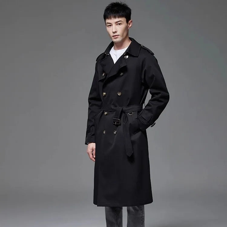 Męski trencz klasyczny, wodoodporny i wiatroszczelny, elegancki płaszcz z paskiem