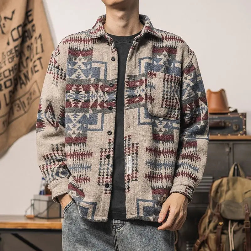 Męska koszula flanelowa z etnicznym wzorem – gruba koszula overshirt na jesień i zimę