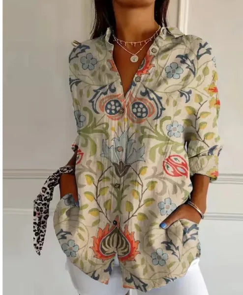 Damska koszula z długim rękawem i kwiatowym wzorem – luźna bluzka w stylu boho