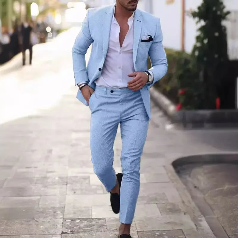 Męski garnitur dwuczęściowy – elegancki komplet z marynarką i dopasowanymi spodniami