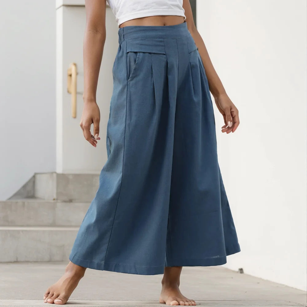Damskie lniane szerokie spodnie culotte z wysokim stanem