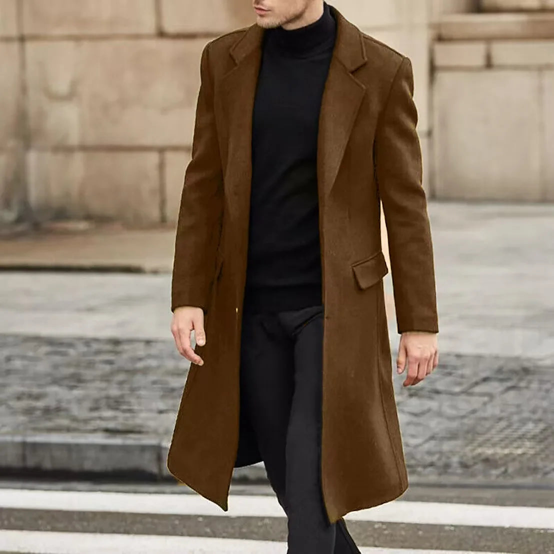 Męski płaszcz wełniany długi, elegancki, klasyczny fason