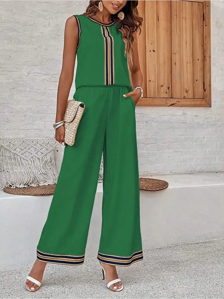 Damski komplet z szerokimi spodniami i bezrękawnikiem