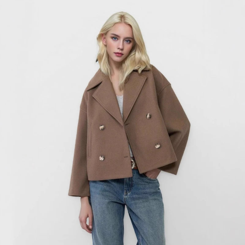 Damski krótki płaszcz dwurzędowy, oversize, styl miejski i elegancki
