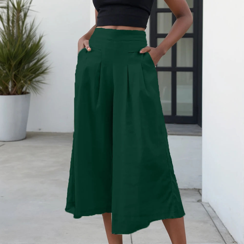 Damskie lniane szerokie spodnie culotte z wysokim stanem