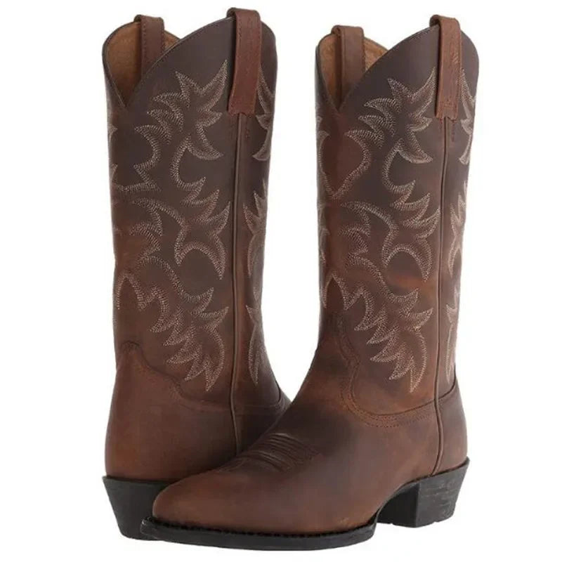 Męskie kowbojki z haftem, klasyczne western boots, skórzany wygląd