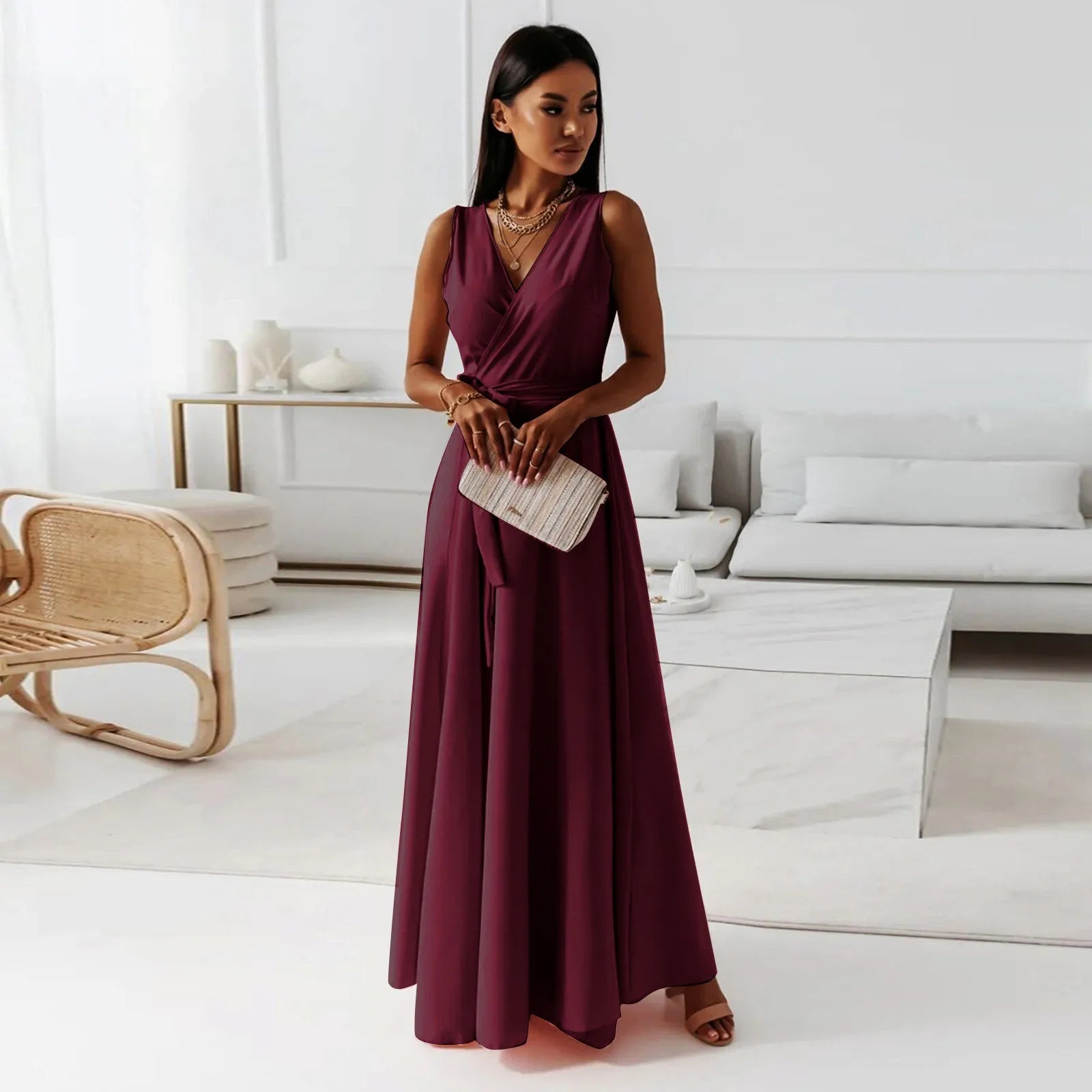 Elegancka Sukienka Maxi z Kopertowym Dekoltem