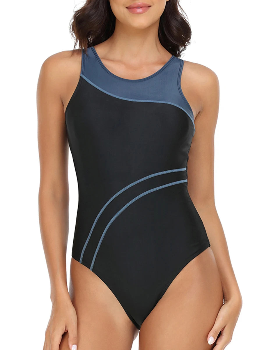 Sportowy jednoczęściowy strój kąpielowy z kontrastowymi przeszyciami