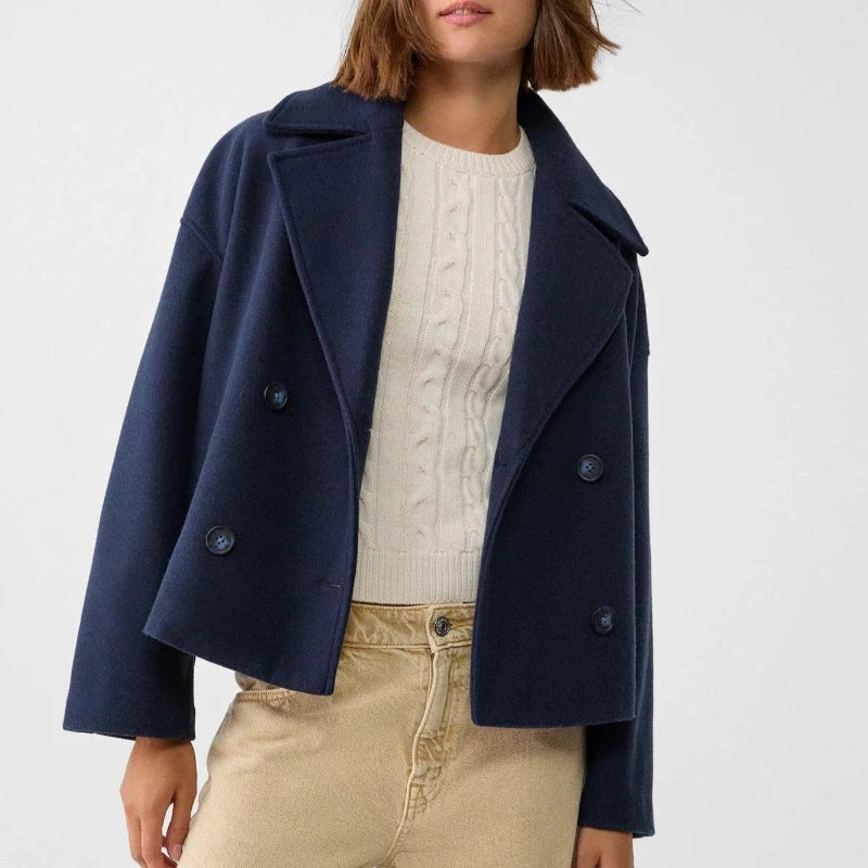 Damski krótki płaszcz dwurzędowy, oversize, styl miejski i elegancki