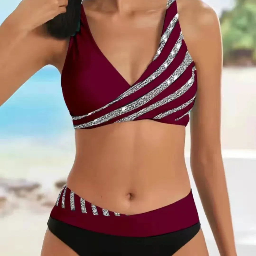 Damski strój kąpielowy dwuczęściowy – zakładany top i majtki z wysokim stanem