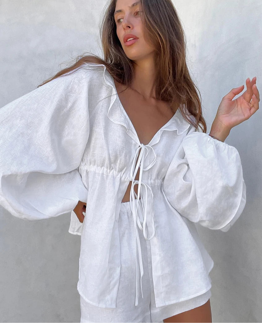 Stylowy Komplet lniany z Bufiastymi Rękawami